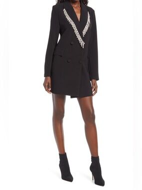 4th and Reckless Black Blazer Zadie Dress with Silver Rhinestone Fringe Trim